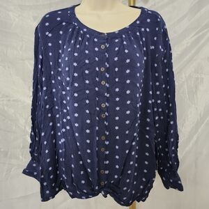 A.N.A. Navy blue star print tie front Blouse size L